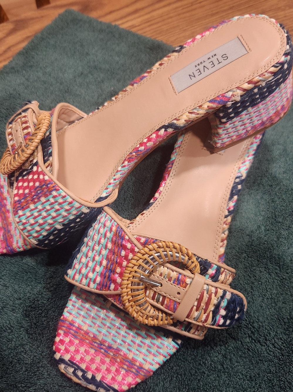 Steve Madden Multicolor Woven Block Heel Mules with Natural Buckle